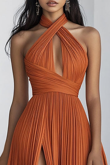 Orange A Line Pleated Long Formal Dress